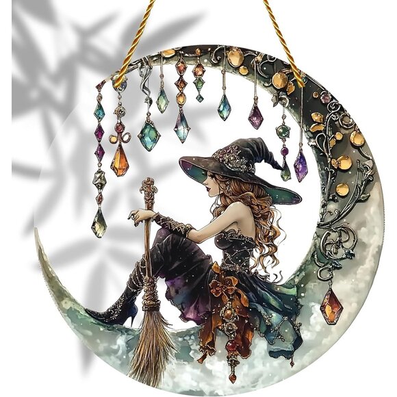 Other - 8x8 inch Charming Moonlight Witch Acrylic Stained Glass Window Hanging Sun Catch